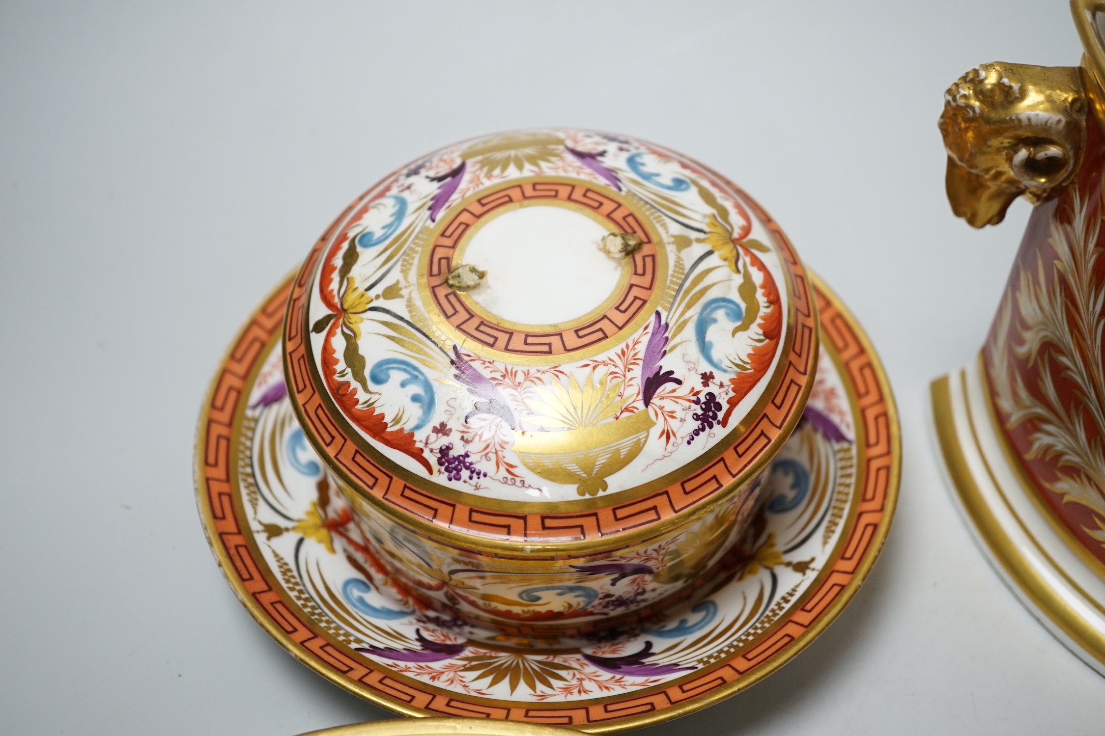 A small group of late 18th and 19th century Derby porcelain including bough pot, 23cm wide, dishes, plates, lidded pot and stand